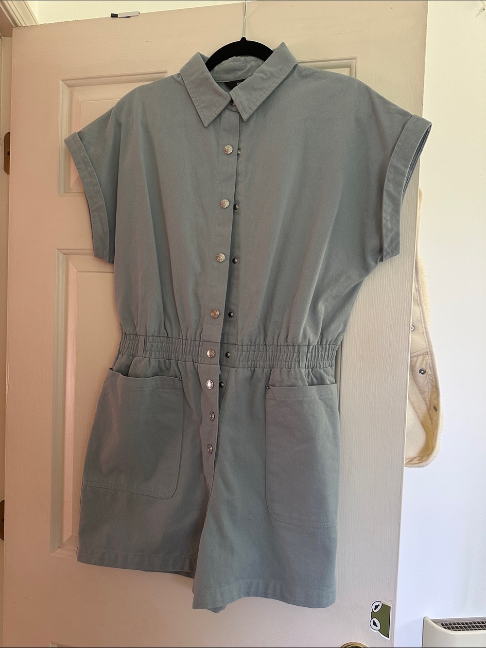 Casual Button-Front Short Sleeve Romper in Sage Green